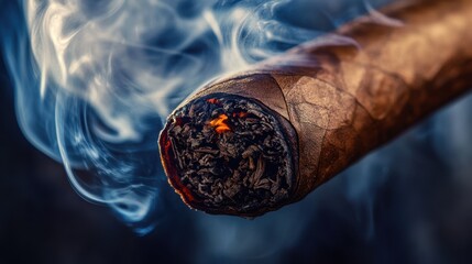 A close-up of a burning cigar, with wisps of smoke curling gracefully into the air, set against a dark and moody background.