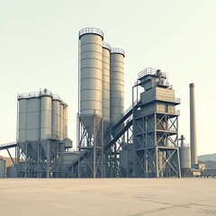 Obraz premium Cement plant featuring silos, production equipment. Heavy industry, manufacturing, engineering concept. Cement production process, storage. Raw material extraction, processing. Construction material