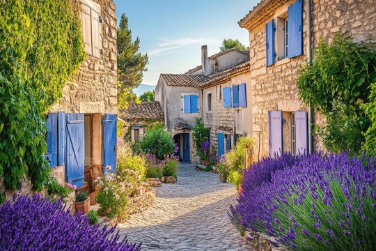 Fototapeta Charming stone village pathway lined with vibrant lavender flowers and quaint blue shuttered houses in summer light. Generative AI