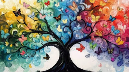 Vibrant oil-painting captures a close-up of an intricately woven, abstract tree with dazzling colors and rich detail, showcasing a mesmerizing dance of shapes and textures