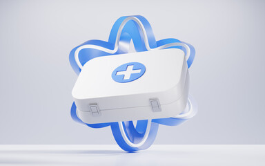 Obraz premium Medical first-aid kit with blue curve frame background, 3d rendering.