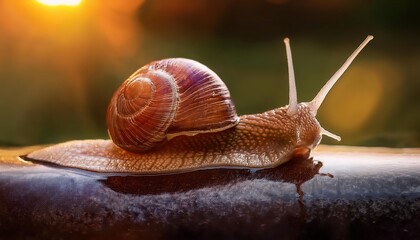 Closeup of a Snail Traversing a Leafy Pathway in a Damp Forest, Majestically Showcasing its Sleek Shell and Shimmering Trail in an Enchanted Woodland Scene.