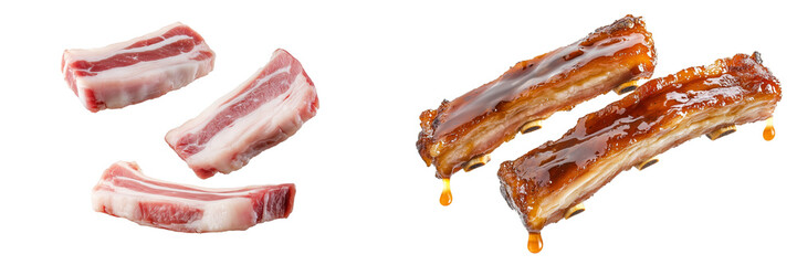  Set of a Pork belly pieces floating in the air, isolated on transparent background.