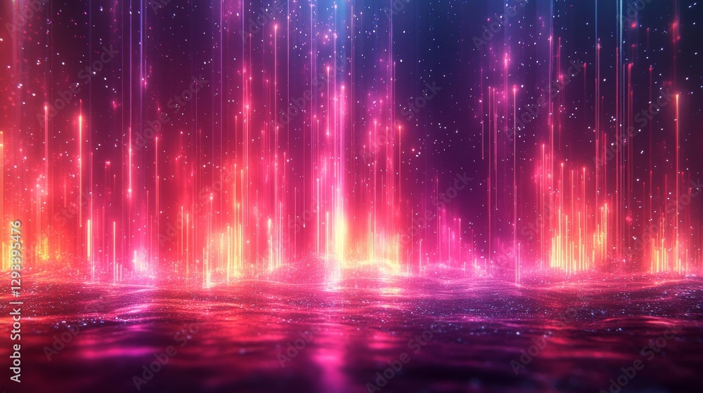 Poster vibrant neon light beams reflecting on water surface in a spectral display at night. abstract digita