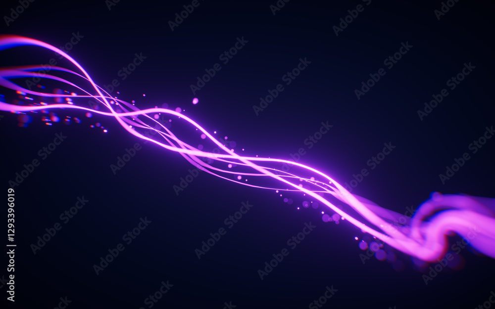 Poster abstract glowing wave lines and shiny particles, 3d rendering.