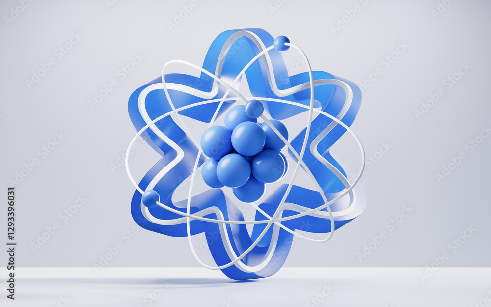 Poster physics atom with blue curve frame background, 3d rendering.