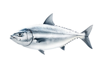 Closeup of a silver tuna fish with smooth scales, sharp fins and a sleek body isolated on white transparent background.