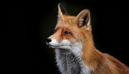 Fototapeta premium Striking CloseUp of a Red Fox, Showcasing its Furs Rusty Textures under Golden Hour Lighting, Capturing Intense Eyes and Expressive Mood in a Forest Clearing.