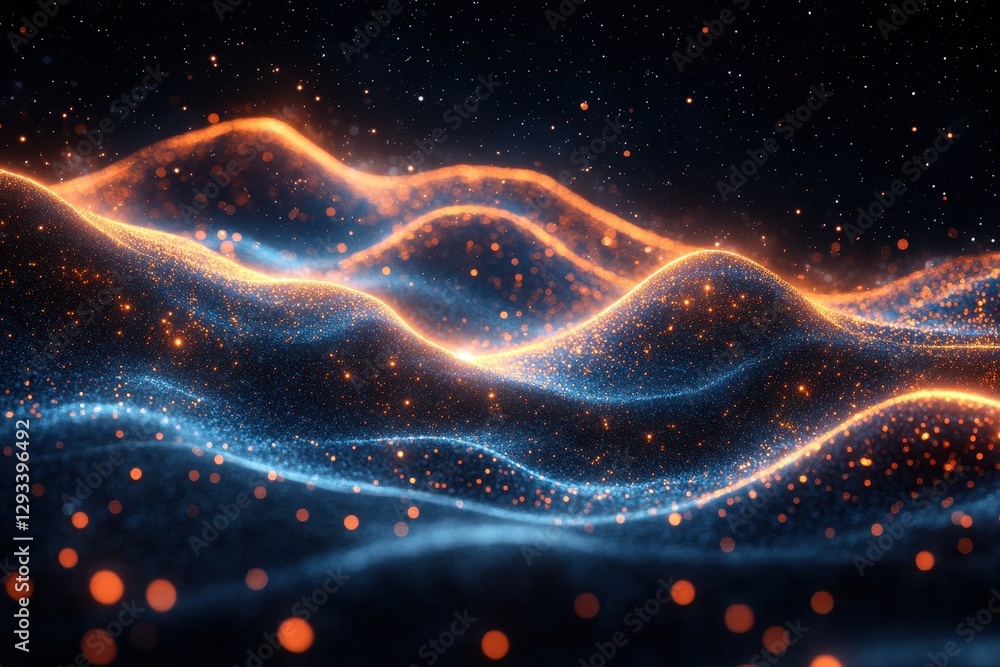 Poster digital landscape with glowing waves and particles creating a mesmerizing visual effect at night
