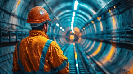 Soft focus and blurred lighting background of focus at railway transport pipeline by Tunnel Boring Machine for electric train subway