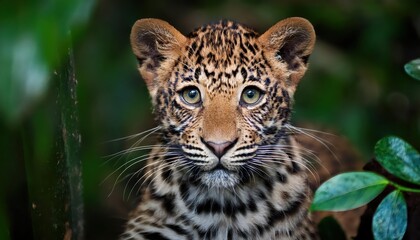 Fototapeta premium Intimate Encounter with a Vigilant Young Leopard amidst the Lush Jungles Verdant Veil, Capturing the Wild Eyes and Powerful Grace of Nature in Striking Detail.