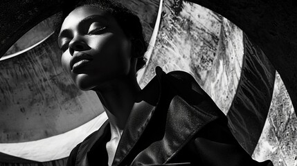 Bold monochrome fashion in abstract space portrait image. African american woman face partially lit with strong contrasts black and white picture. Fashionable model concept photo