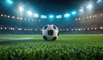 Night Football Game: Soccer Ball on Stadium Field
