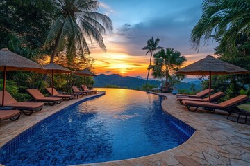 Obraz premium Beautiful swimming pool with beach chairs and umbrellas under palm trees at sunset on the tropical island 