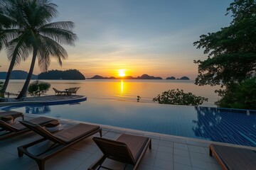 Beautiful swimming pool with lounge chairs and palm trees at sunset in the resort on the beach