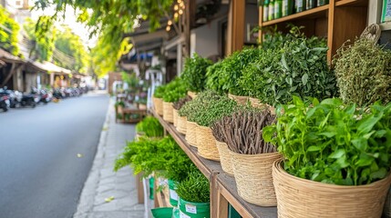 Fototapeta premium Fresh Herbs Displayed in Baskets Along a Vibrant Street Market