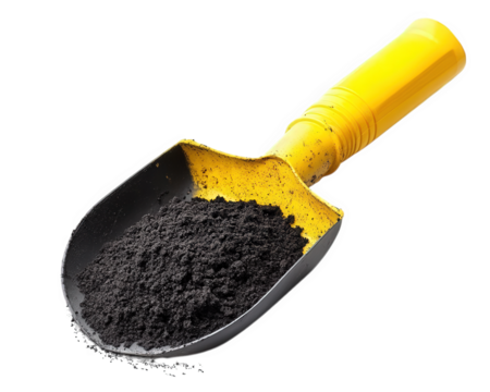 yellow handled shovel filled with dark soil, perfect for gardening and landscaping projects. This tool is essential for planting and cultivating plants in various outdoor settings