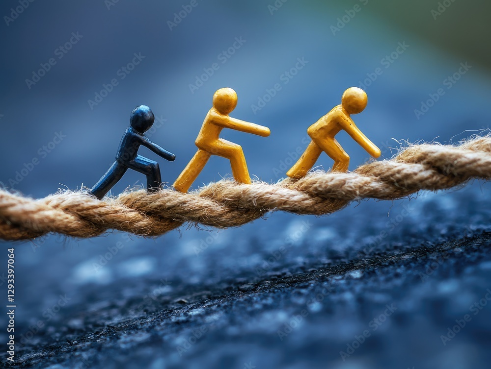 Poster tiny businessmen colorful walking cautiously navigating through twisted symbolizing unity and teamwo