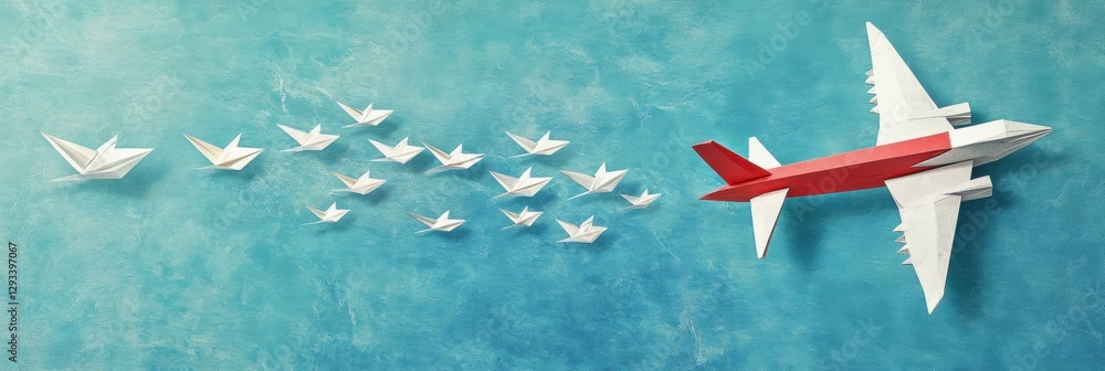 Poster red and white airplane leads a formation of paper planes in a clear blue sky. generative ai