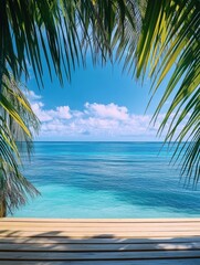 Naklejka premium Beach resort with view of crystal-clear ocean on sunny day.