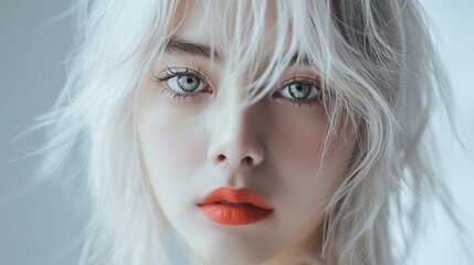 Fototapeta premium Asian woman with white hair, blue eyes and bold orange lips portrait image. Contemporary ethereal female picture photorealistic photography. Fashion model concept photo realistic