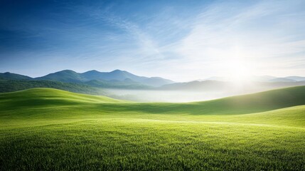 Naklejka premium Serene Morning Landscape with Rolling Green Hills and Blue Sky