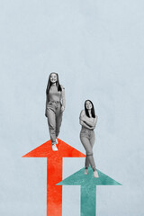 Creative vertical art photo collage of two happy business girls stand arrow development career...