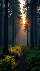 Fototapeta premium Dense forest with tall trees and underbrush at dusk, nature, landscape