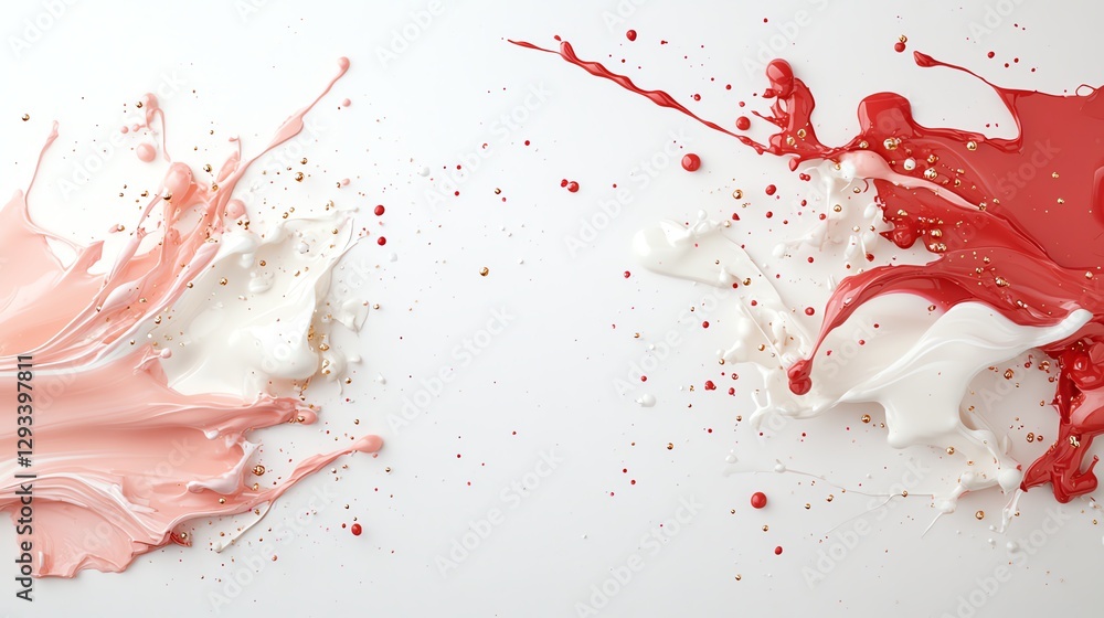 Poster elegant splash of pink and red paint on a white background, creating a dynamic and artistic visual e
