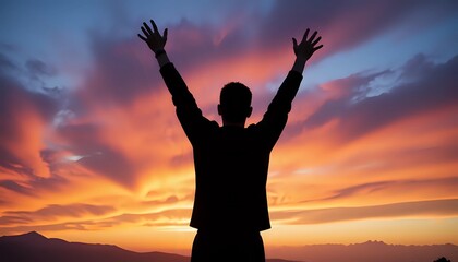 Fototapeta premium Silhouette of Man with Raised Arms at Sunset