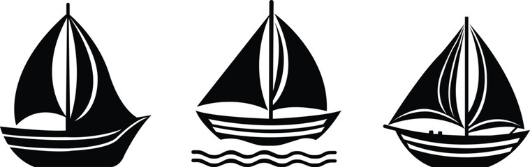 Sail boat icon set.Transport travelling vacation marine ship with sail yacht.Water ocean transport boat in flat style.Boat icon silhouette illustration with white background.