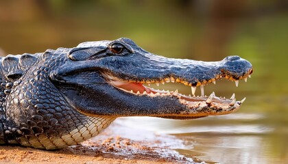 Fototapeta premium Closeup of a Black Caiman Powerful Profile with Open Mouth Against Waters Edge at Dusk, Showcasing Majestic Creature and Defocused Background