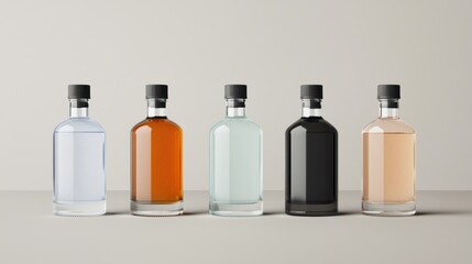 Five glass bottles with different colored liquids. Mockup for alcohol or other drinks.