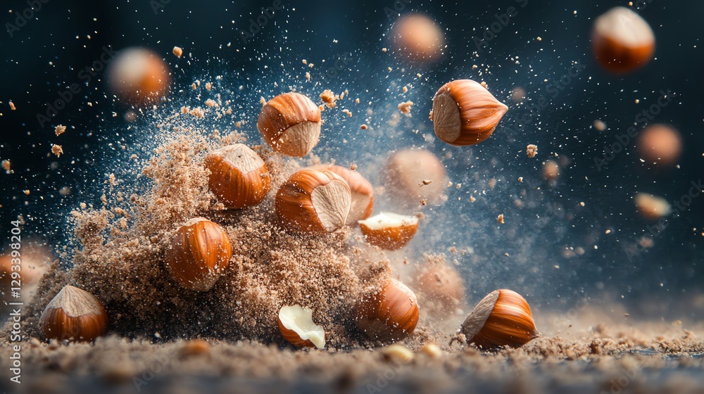 Poster hazelnuts falling with ground hazelnuts creating a dynamic food still life