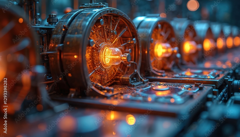 Poster photo of quantum computer machine with glowing light bulb inside and complex system. futuristic tech