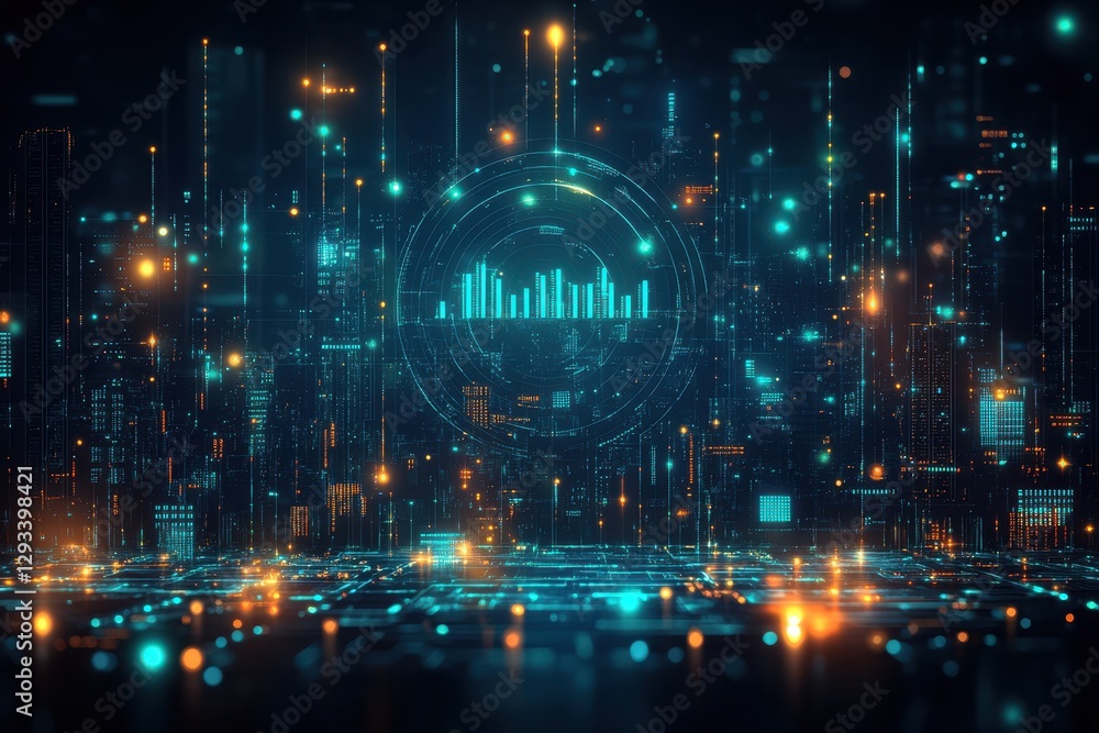 Poster digital skyline with vibrant lights and futuristic grid representing advanced technology and innovat