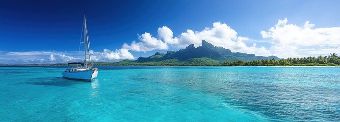 Beautiful turquoise ocean with a white boat and blue sky panorama on a tropical island