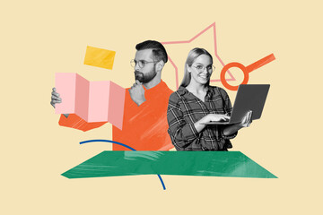 Contemporary art collage of two minded happy girl guy business partners hold documentation laptop plan ponder vacancy search lens