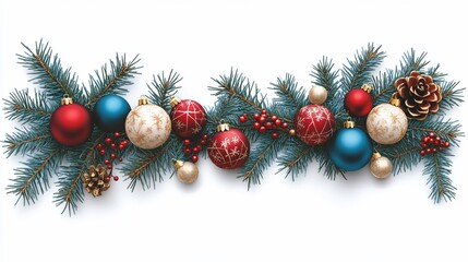 Fototapeta premium Festive Christmas garland with ornaments, pine, berries