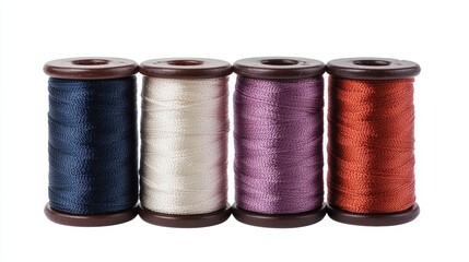 Four spools of thread in different colors, blue, white, purple, and red. Isolated on white background.