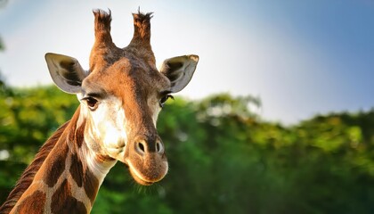 Naklejka premium Striking Portrait of a Giraffe Amongst Lush Greenery, Captivating Audience with Intense Gaze and Vibrant Surroundings