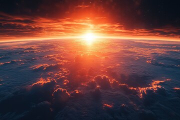 Fototapeta premium Stunning sunrise over planet Earth showcasing vibrant colors and dramatic clouds in the atmosphere