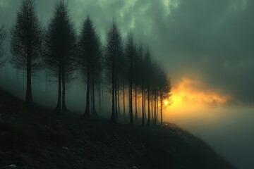 Sunset behind misty trees creates a serene atmosphere in a twilight landscape