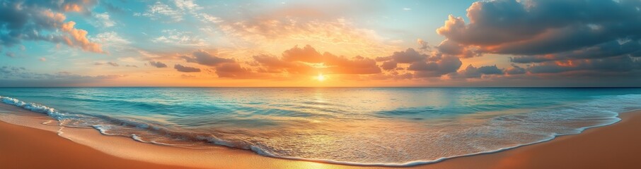 Obraz premium Panoramic photograph of a beautiful, colorful sunset over the sea, a sandy beach, and turquoise water