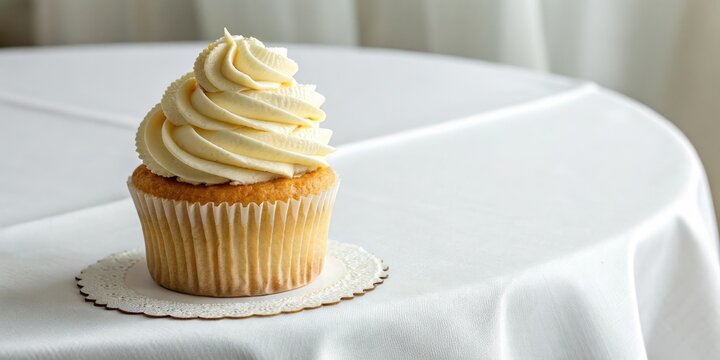 Vanilla flavored cupcake with swirled buttercream frosting on a plain white tablecloth, cake, frosting, kitchen
