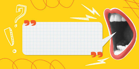 Trendy halftone collage banner with screaming mouth and speech bubble. Social media retro poster with space for your text. Advertising banner for sale, promotion and marketing. News announcement