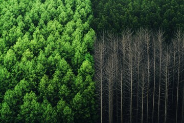 Deforestation contrast with thriving green forest highlighting nature conservation efforts and environmental impact. Generative AI