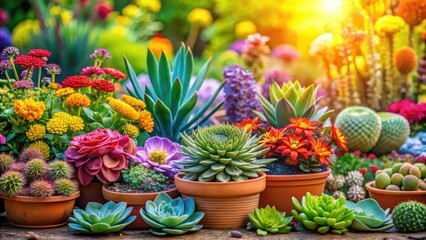 Vibrant flowers and succulents thrive in a colorful garden oasis, bloom, tropical, succulent