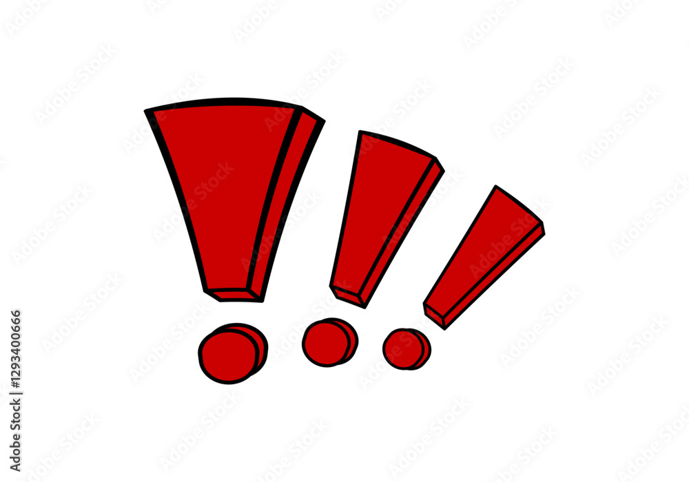 Poster three stylized red exclamation marks capture attention, adding emphasis with bold simplicity.