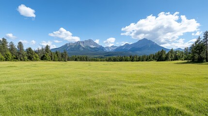 Obraz premium Expansive Green Field with Majestic Mountains Under Blue Sky